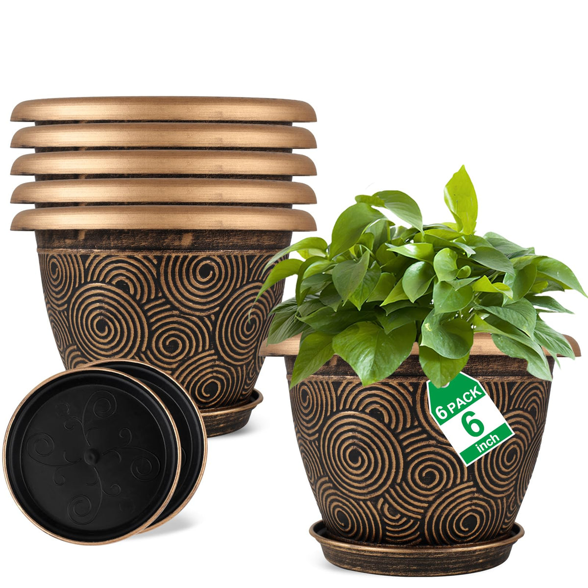 Fodetyff 8 Inch Flower Pots Planters for Indoor Outdoor Plants, 4 Pack Plastic Small Plant Pots with Drainage Hole & Tray, Modern Decorative Garden Pot with Saucer, Plant Container for House