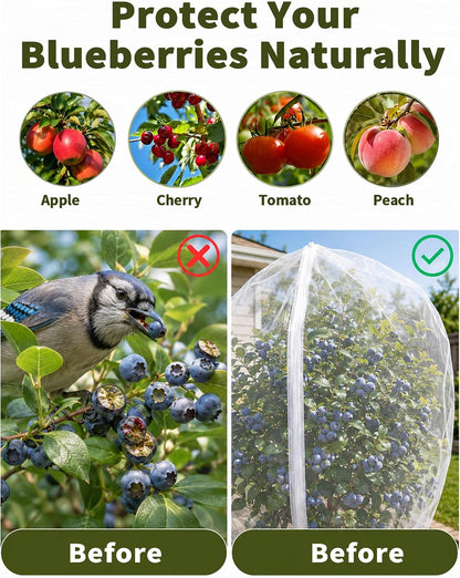 Garden Bird Netting for Insects, 2 Pack 5x3.28ft, Fruit Tree Netting with Zipper & Drawstring, Ultra Dense Mesh Plant Covers for Blueberry Tomato Cherry Peach Apple Trees Pest Barrier (5x3.28FT)