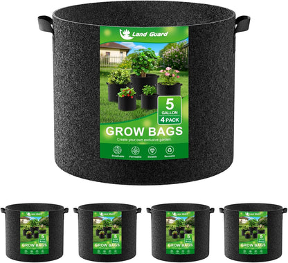 Land Guard 4-Pack Fabric Grow Bags 5 Gallon, Thickened Nonwoven Garden Pots, Growing Bags with Handles, Black