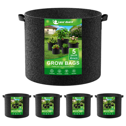 Land Guard 4-Pack Fabric Grow Bags 5 Gallon, Thickened Nonwoven Garden Pots, Growing Bags with Handles, Black