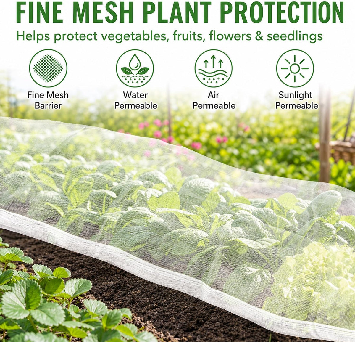 RAINFLOW Garden Netting 10 x 5 FT - 60 Mesh Plant Cover for Raised Beds