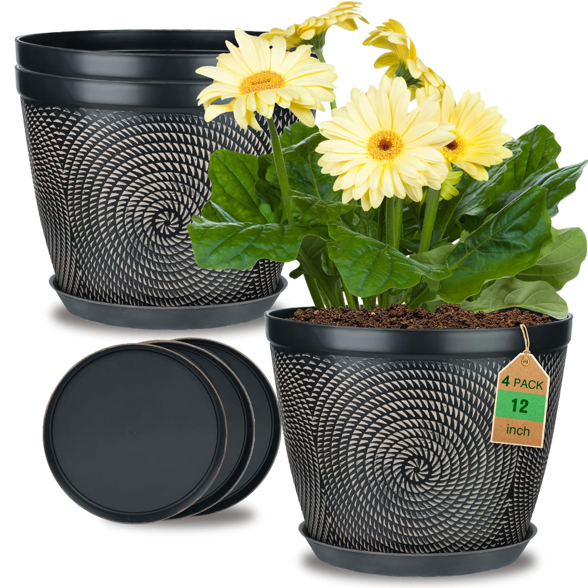 Quarut 12 Inch Pots for Plants,4 Pack Large Flower Pots with Drainage Hole