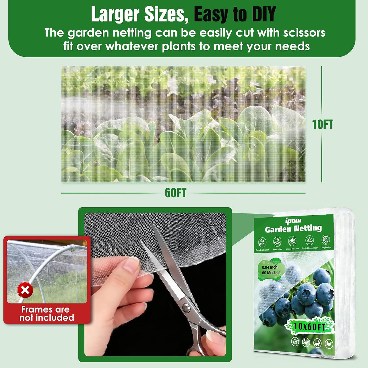 10 X 60FT Garden Mesh Netting Ultra Fine Mesh Netting Pest Barrier, Insect Bug Bird Netting for Vegetables Fruit Flower Garden Protection, Thickened 60 Mesh Row Covers Fabric Screen from Birds Bugs