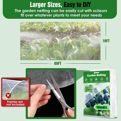 10 X 60FT Garden Mesh Netting Ultra Fine Mesh Netting Pest Barrier, Insect Bug Bird Netting for Vegetables Fruit Flower Garden Protection, Thickened 60 Mesh Row Covers Fabric Screen from Birds Bugs
