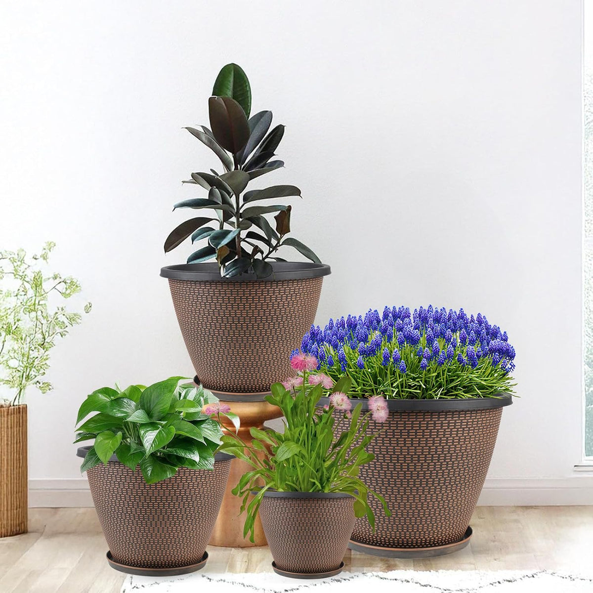 4 Pack 10 inch Plant Pot for Outdoor Indoor, Plastic Flower Pots with Trays