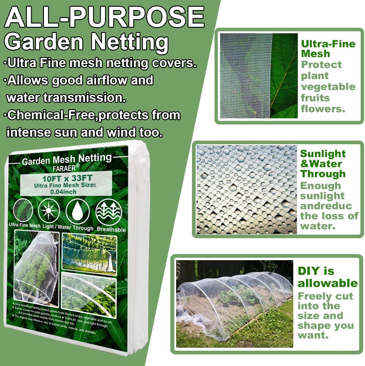 Garden Netting Kit for Raised Beds,6set Garden Hoops,10x33ft Insect Netting