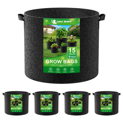 Land Guard 4-Pack Fabric Grow Bags 5 Gallon, Thickened Nonwoven Garden Pots, Growing Bags with Handles, Black