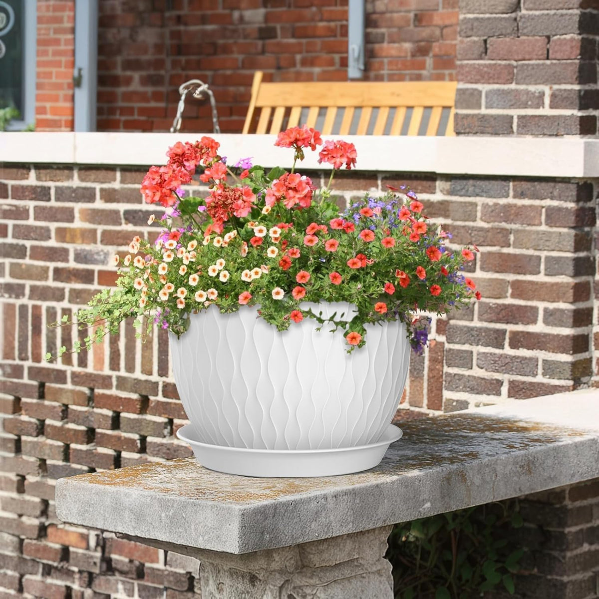 Meowell 12/10/9 inch Large Plant Pots, 3 Pack Wide Flower Pots for Outdoor Indoor Plants with Water Ripples, Big Plastic Planters with Drainage Holes and Saucers for Garden House Plants, White