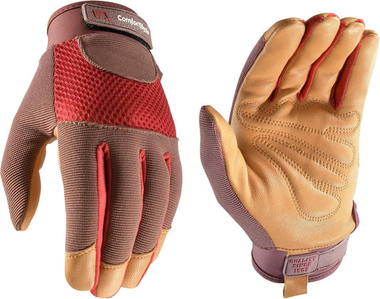 Wells Lamont Women's Breathable ComfortHyde Leather Hybrid Work Gardening Gloves, Small (7872S), Red