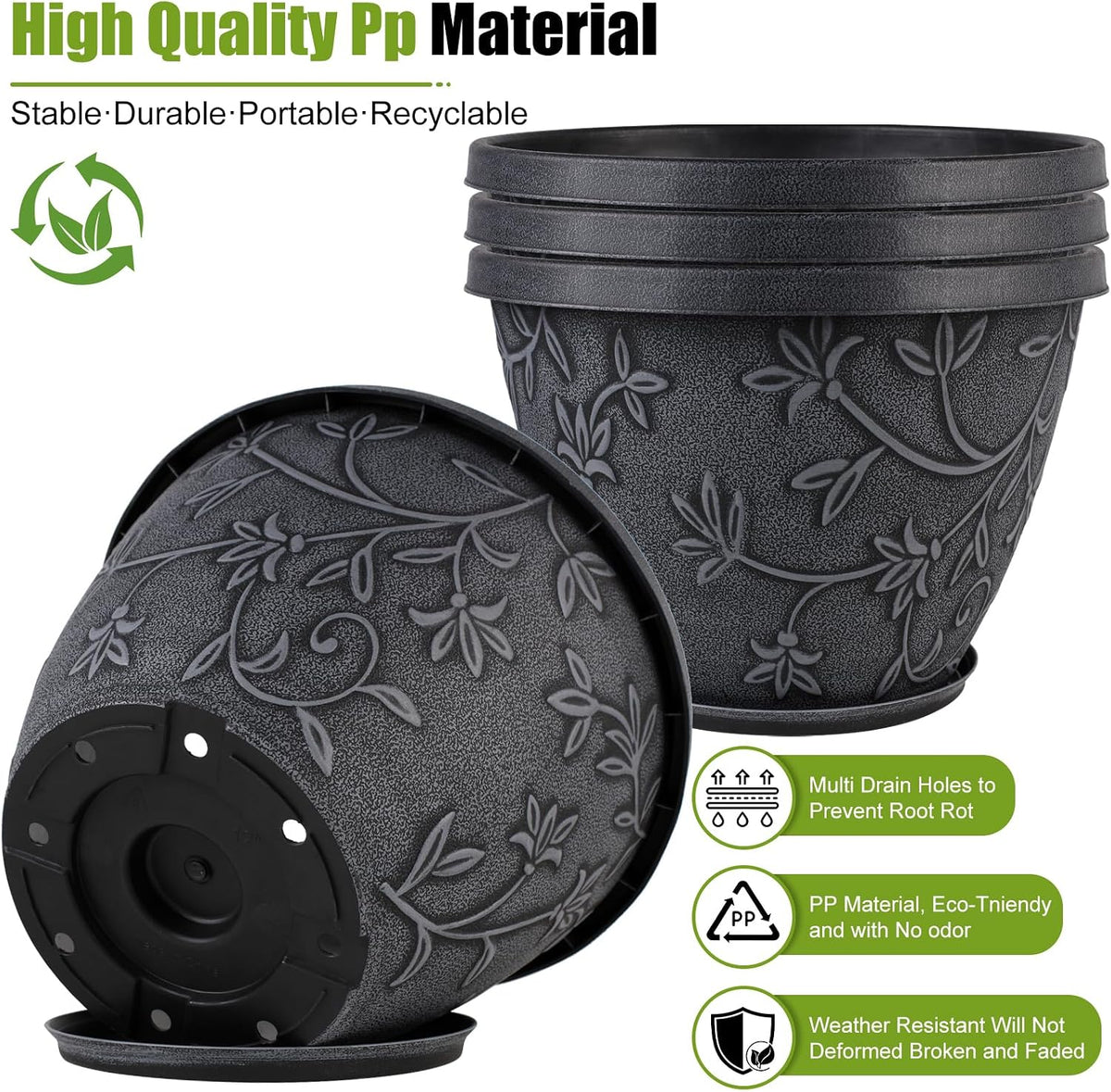 Nooulap 4 Pack 10 Inch Flower Pots, Plastic Outdoor Planters, Gray