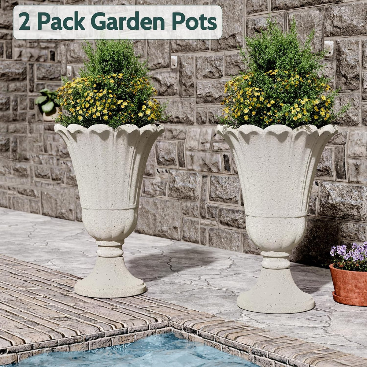 Tall Plastic Urn Planters and Pedestal - 24" Outdoor Planter Beige