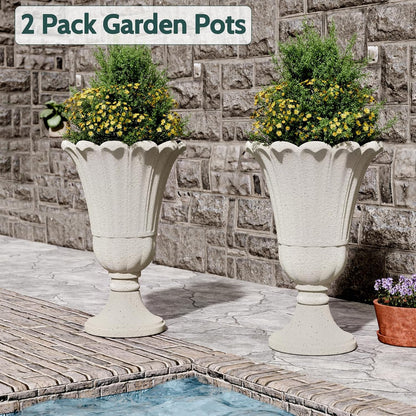 Tall Plastic Urn Planters and Pedestal - 24" Outdoor Planter Beige