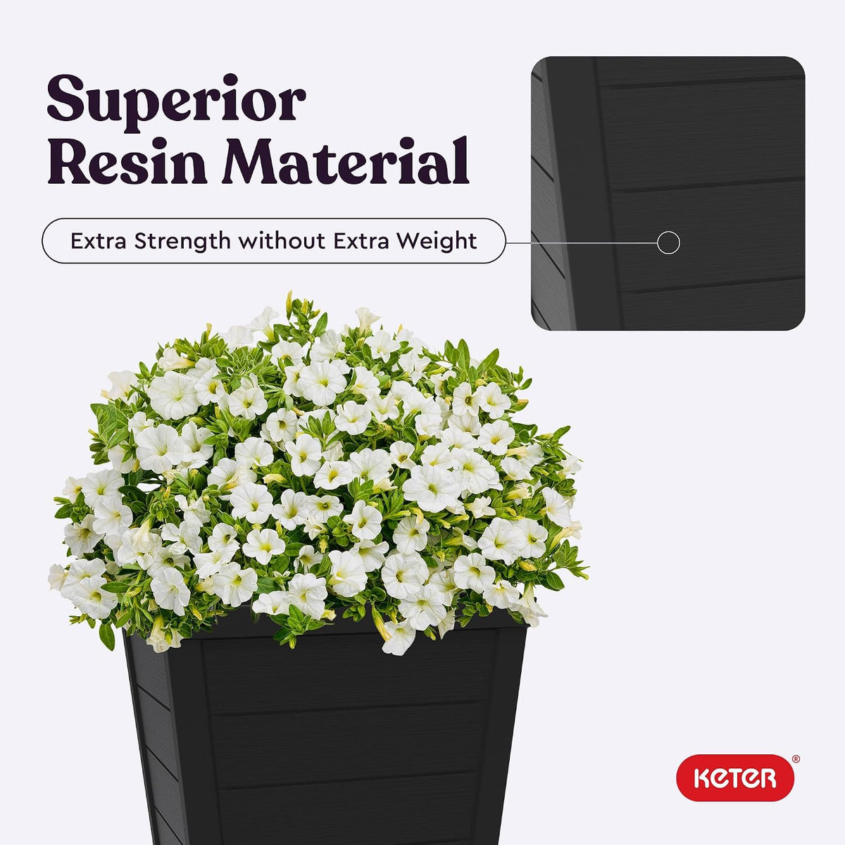 Keter Set of 2 Resin Modern Outdoor 22 Inch Tall Large Flower Pots, Tapered Wood Look Planters for Outdoor Plants and Front Porch Decor, Graphite