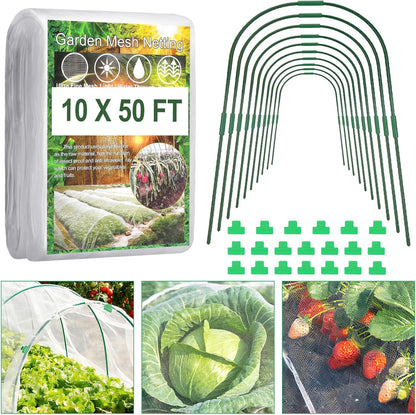 Garden Netting Kit, 10 X 50FT Garden Netting Pest Barrier with 10 Sets Garden Hoops and 20pcs Clips, Insect Netting Row Cover for Raised Beds Vegetable Fruits Flowers Protection