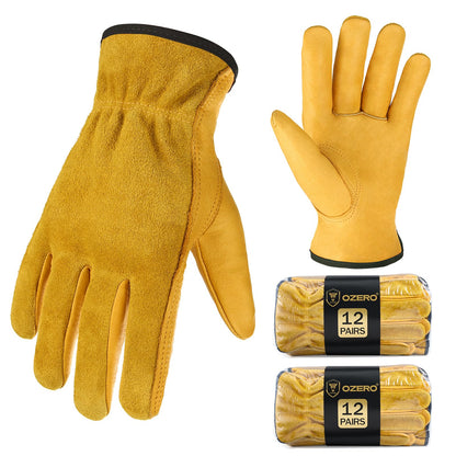 OZERO Leather Work Gloves Flex Grip Tough Cowhide Gardening Glove for Wood Cutting/Construction/Driving/Garden for Men and Women 1 Pair (Gold,Large)