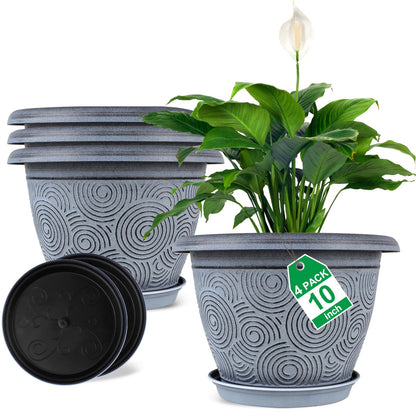 Fodetyff 8 Inch Flower Pots Planters for Indoor Outdoor Plants, 4 Pack Plastic Small Plant Pots with Drainage Hole & Tray, Modern Decorative Garden Pot with Saucer, Plant Container for House