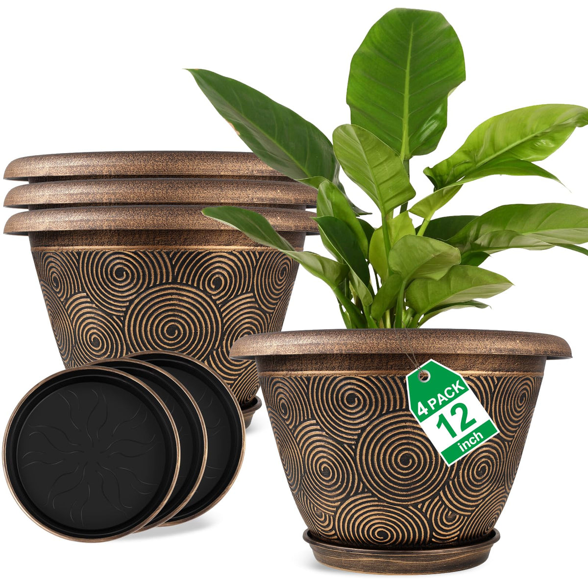 Fodetyff 8 Inch Flower Pots Planters for Indoor Outdoor Plants, 4 Pack Plastic Small Plant Pots with Drainage Hole & Tray, Modern Decorative Garden Pot with Saucer, Plant Container for House
