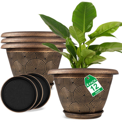 Fodetyff 8 Inch Flower Pots Planters for Indoor Outdoor Plants, 4 Pack Plastic Small Plant Pots with Drainage Hole & Tray, Modern Decorative Garden Pot with Saucer, Plant Container for House