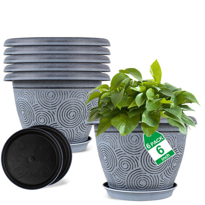 Fodetyff 8 Inch Flower Pots Planters for Indoor Outdoor Plants, 4 Pack Plastic Small Plant Pots with Drainage Hole & Tray, Modern Decorative Garden Pot with Saucer, Plant Container for House