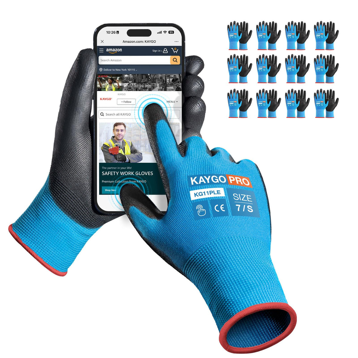 KAYGO Safety Work Gloves for Men Women, PU Coated Palm & Fingers, KG11P