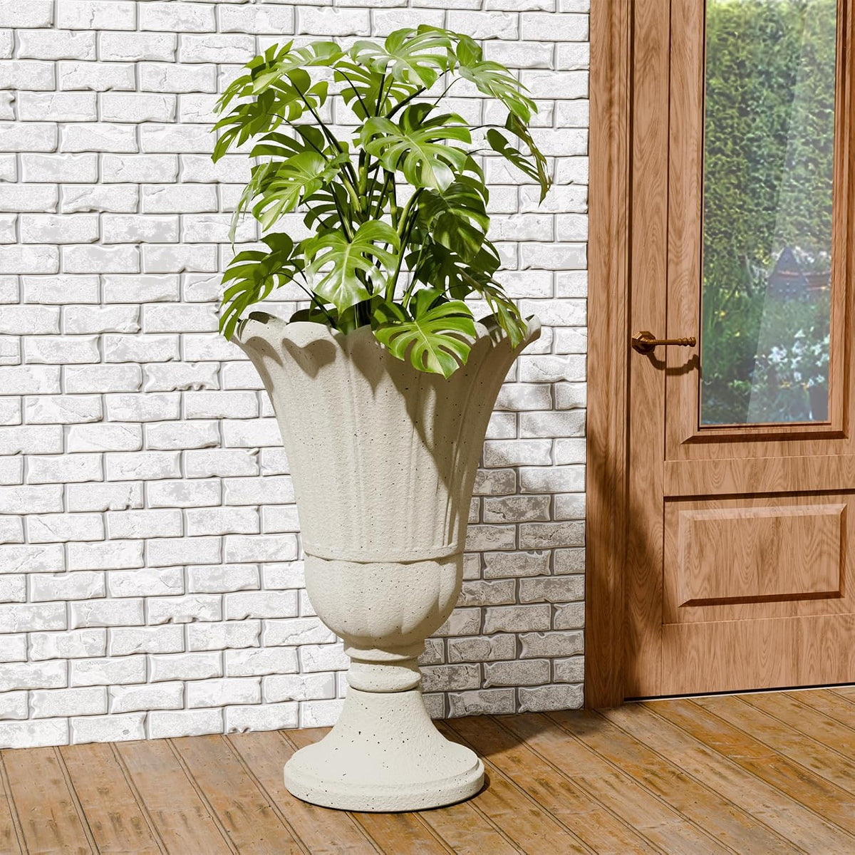 Tall Plastic Urn Planters and Pedestal - 24" Outdoor Planter Beige