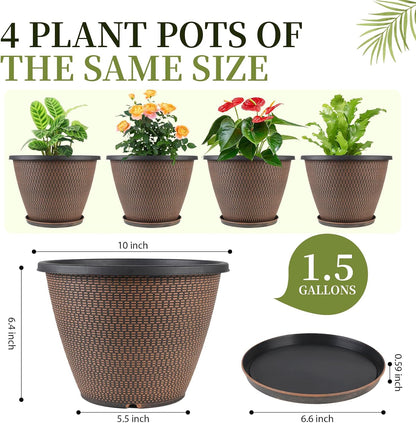 4 Pack 10 inch Plant Pot for Outdoor Indoor, Plastic Flower Pots with Trays