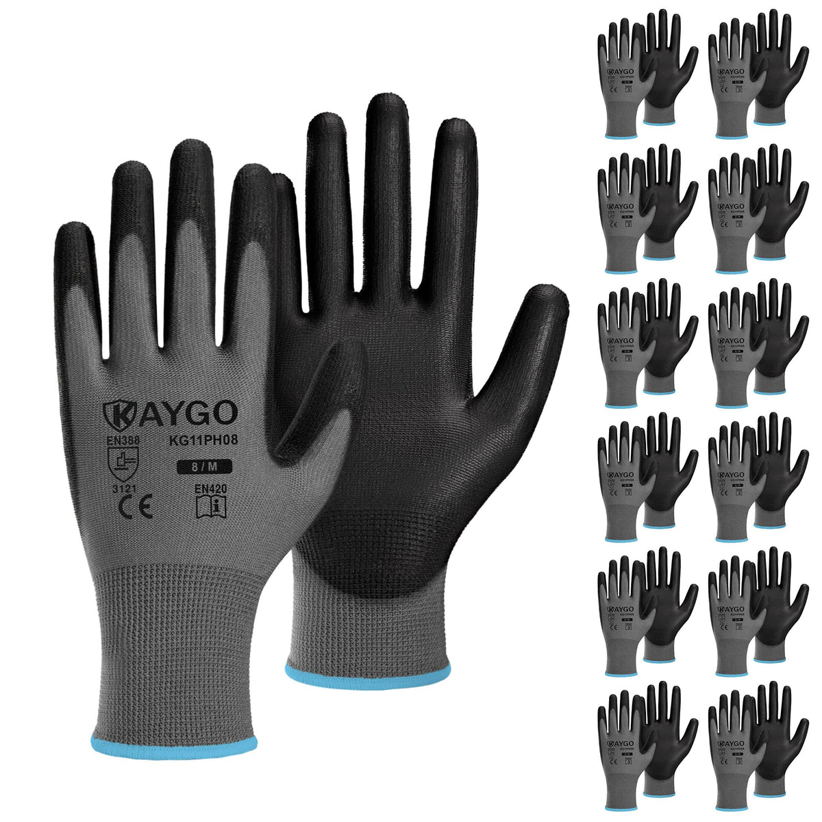 KAYGO Safety Work Gloves for Men Women, PU Coated Palm & Fingers, KG11P
