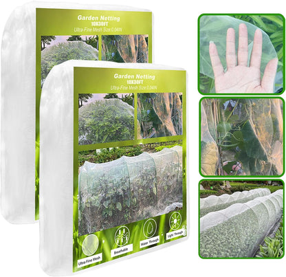 2 Pack 10X30FT Garden Netting, Garden Netting for Raised Beds, Ultra Fine Insect Netting for Vegetable Flowers Fruits, Garden Mesh Plant Cover Row Cover Barrier Protection Net for Birds