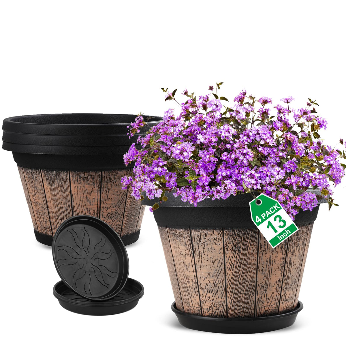 Quarut 3 Pack 10 inch Plant Pots,Whiskey Barrel Planters with Drainage Holes & Saucer, Plastic Decoration Flower Pots Imitation Wine Barrel Design, for Indoor & Outdoor Garden Home Plants (Brown)