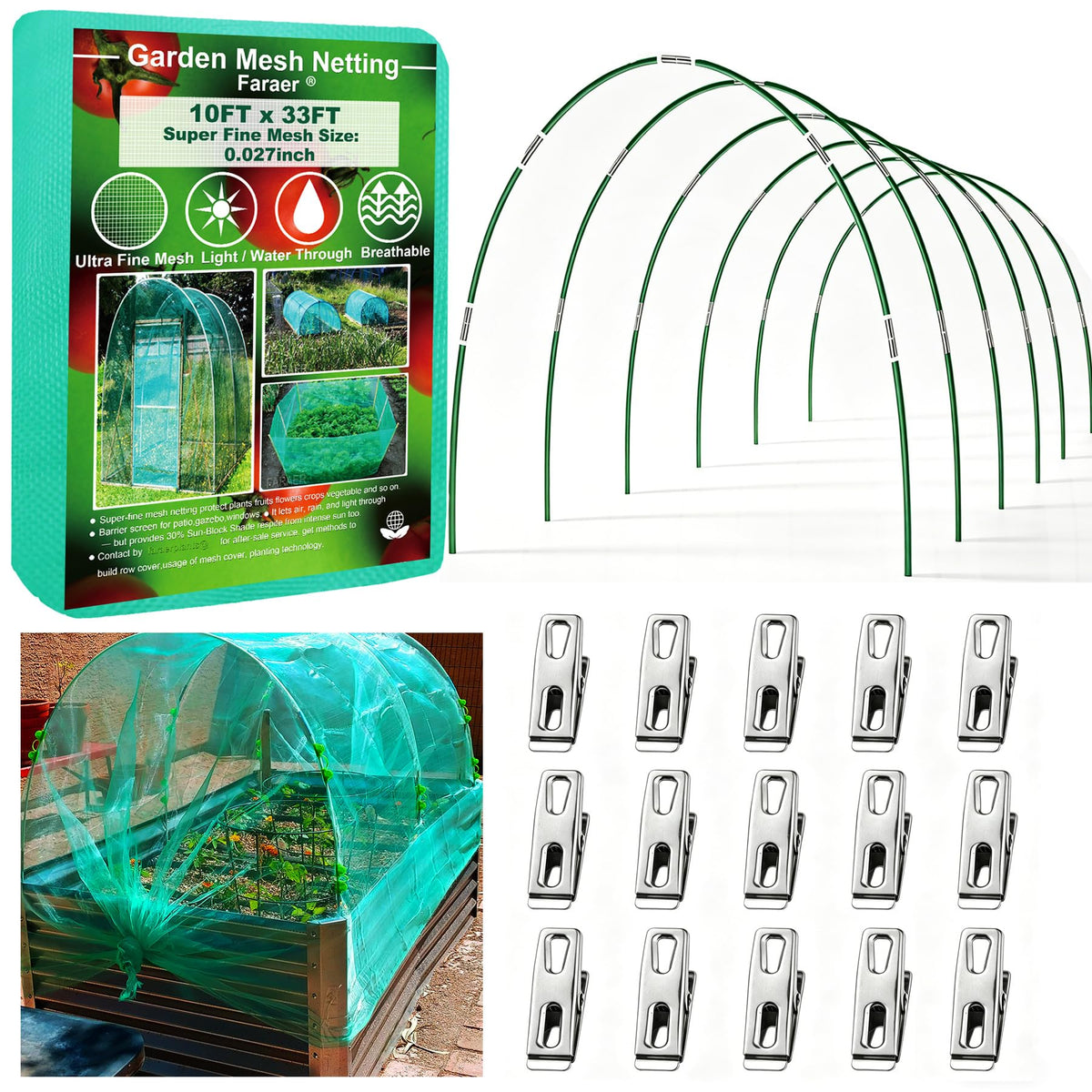 Garden Netting Kit for Raised Beds,6set Garden Hoops,10x33ft Insect Netting