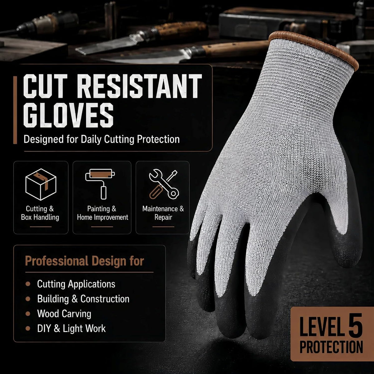 Level 5 Cut Resistant Work Gloves, Sandy Nitrile Grip, 1 Pair