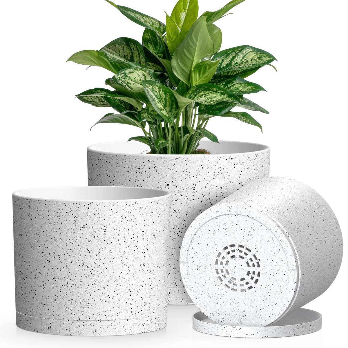 Plant Pots, 10/9/8 Inch 3 Pack Cylindrical Flower Pots with Drainage Holes and Saucers, Plastic Planters for Outdoor Indoor Plants,Black