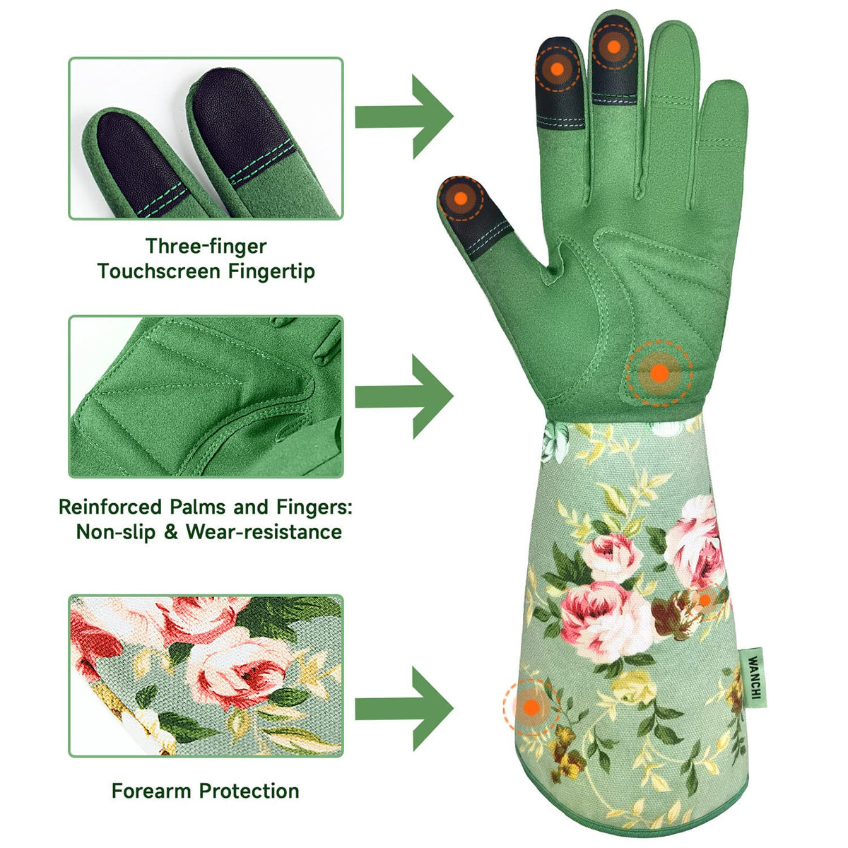 WANCHI Gardening Gloves for Women Gift,Yard Work Garden Gloves,Green Medium