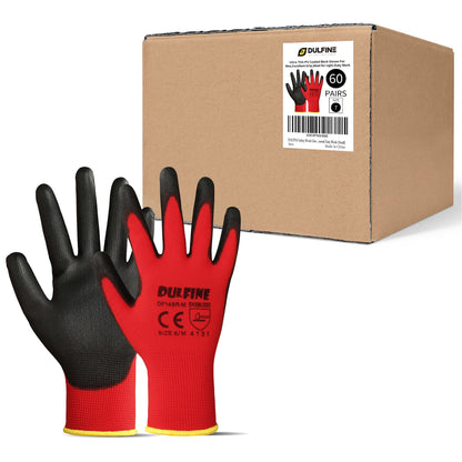 DULFINE Safety Work Gloves for Men & Women 12 Pairs, PU Coated Red L