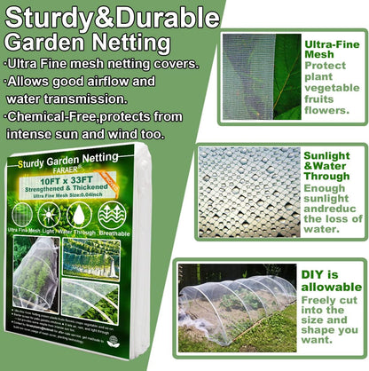 Garden Pest Barrier Netting, Thickened Mesh Net Bugs Out Plant Covers 10x33Ft Ultra Fine Protection Netting for Vegetable Plants Fruit Flowers Greenhouse Row Cover Raised Bed Insect Barrier Screen Net