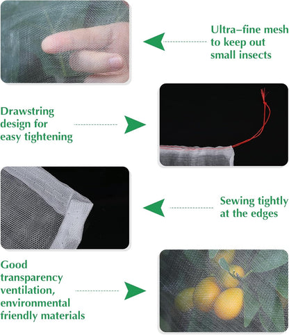Kikhope 10 Pcs Garden Mesh Netting - 29"x21" Insect Bird Netting Pest Barrier Bags with Drawstring -Plant Fruit Protection Bag for Fruit Trees & Tomato Plants, Blocks Birds, Squirrels & Insects