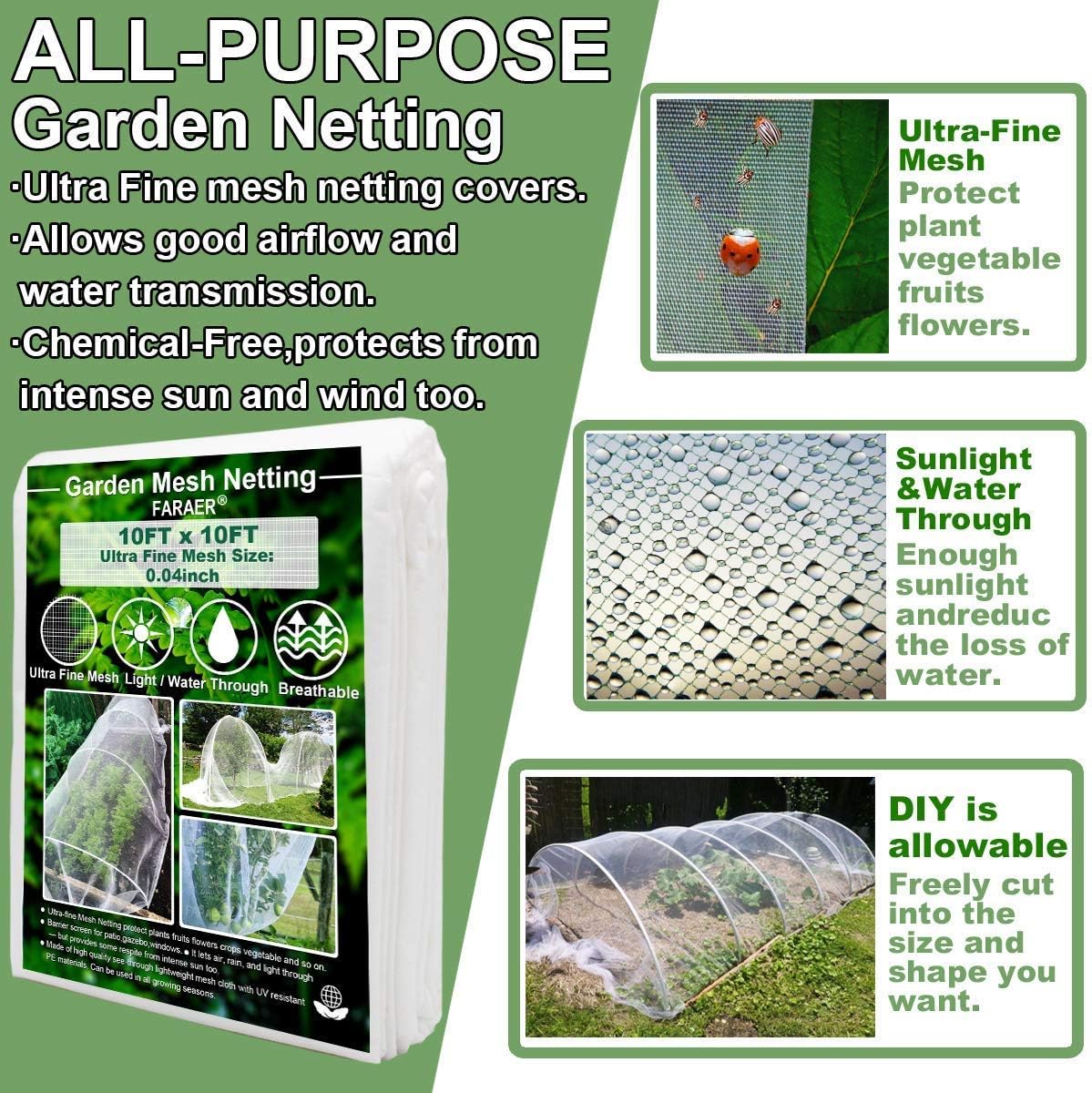 Garden Barrier Netting, Plant Covers 10x10Ft Ultra Fine Mesh Netting Protect for Vegetable Plants Fruits Flowers Crops Greenhouse Row Covers Raised Bed Barrier Screen Birds Protection Net (10x10ft)