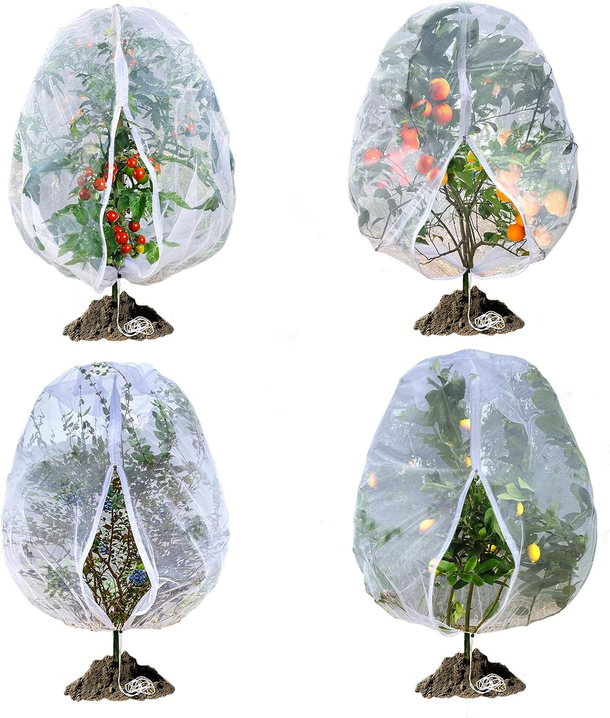 Fruit Tree Netting, RIFNY 3.9 X 3.3 FT Blueberry Bush Netting Cover with Zipper Drawstring, Outdoor Mosquito Net Garden Netting Cover Protector Plant from Birds Cicadas Animals Insect (4 PCS, White)