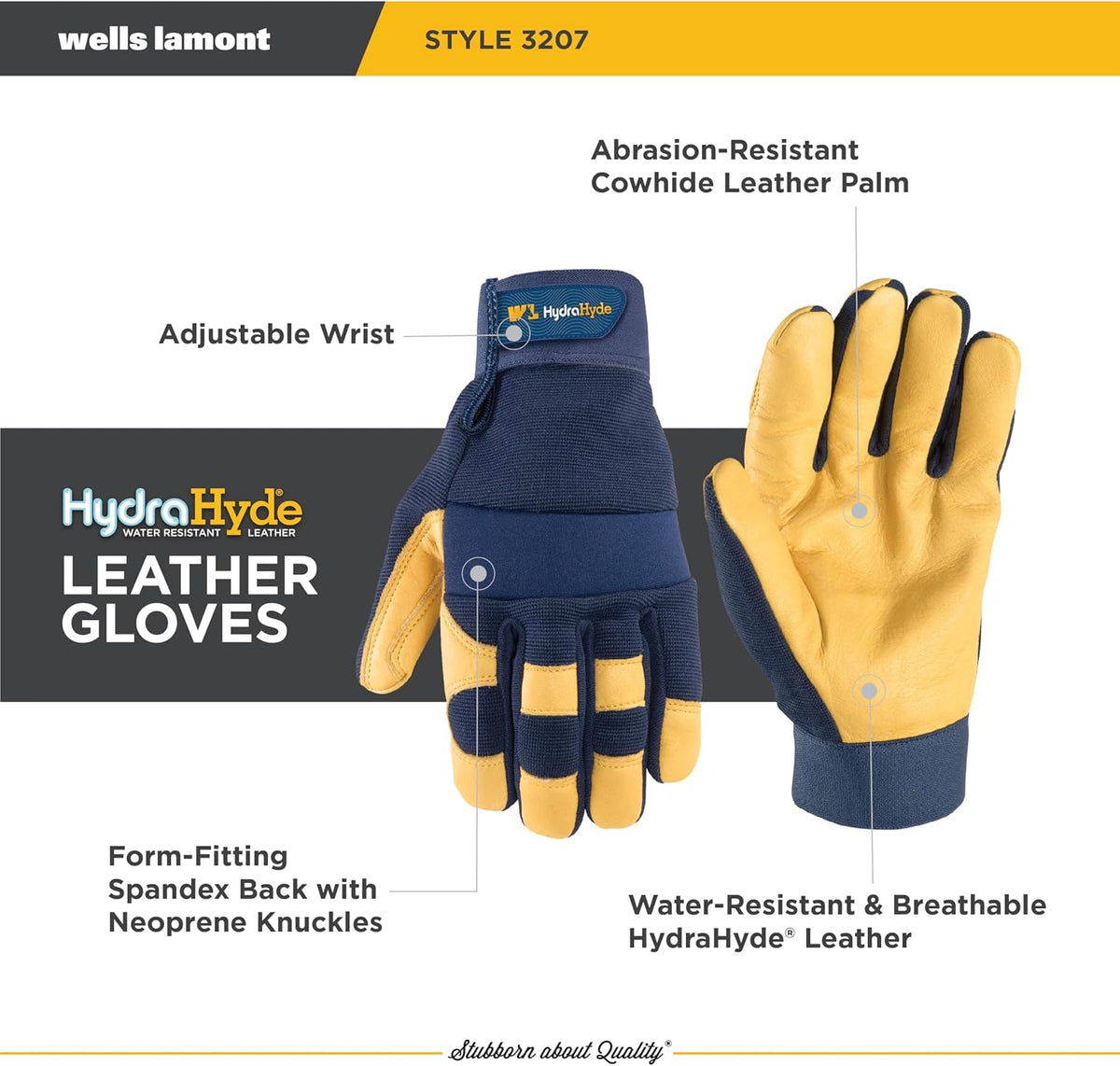 Wells Lamont Men's Leather Palm Work Gloves – HydraHyde Water-Resistant Leather, Flexible Spandex Back, Adjustable Closure