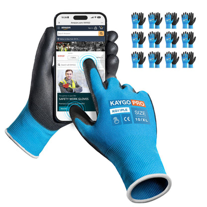 KAYGO Safety Work Gloves for Men Women, PU Coated Palm & Fingers, KG11P