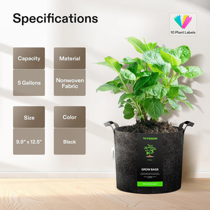 VIVOSUN 5-Pack 5 Gallon Plant Grow Bags Fabric Pots with Handles