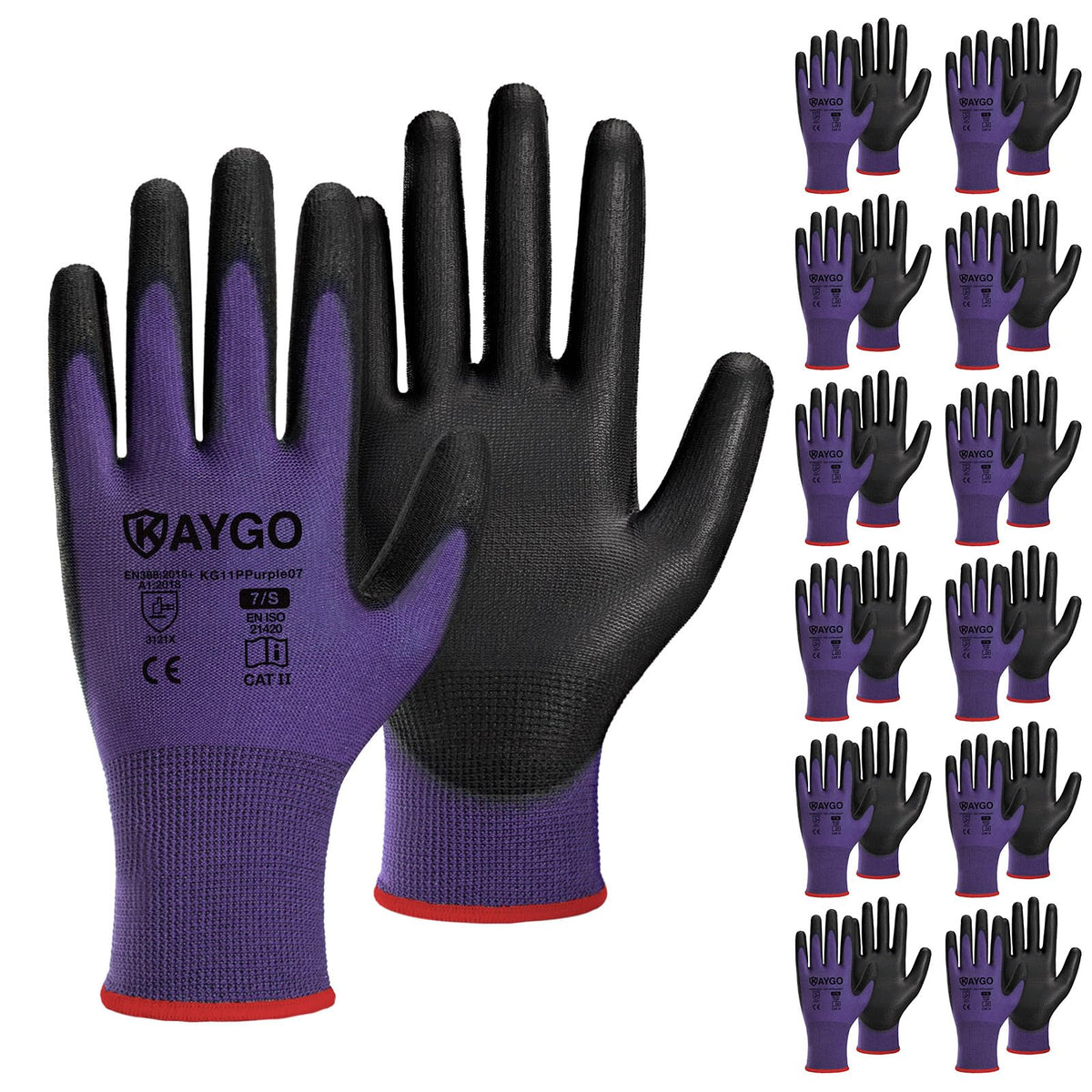 KAYGO Safety Work Gloves for Men Women, PU Coated Palm & Fingers, KG11P