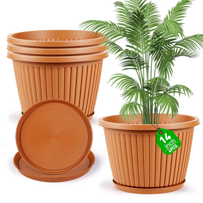Myfeegoin Planter-Pots-for-Plants-Indoor-Outdoor, 4 Pack 10 Inch Plastic Flower Pots with Saucer & Drainage Holes, Modern Garden Planters for Planting Medium Large Plants，Decorative Resin Garden Pots