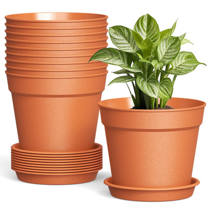 10 Pack 6 Inch Plant Pots with Drainage and Saucers, White Plastic Flower Pots for Indoor and Outdoor Plants, Stackable Nursery Planters for Houseplants and Herbs, White