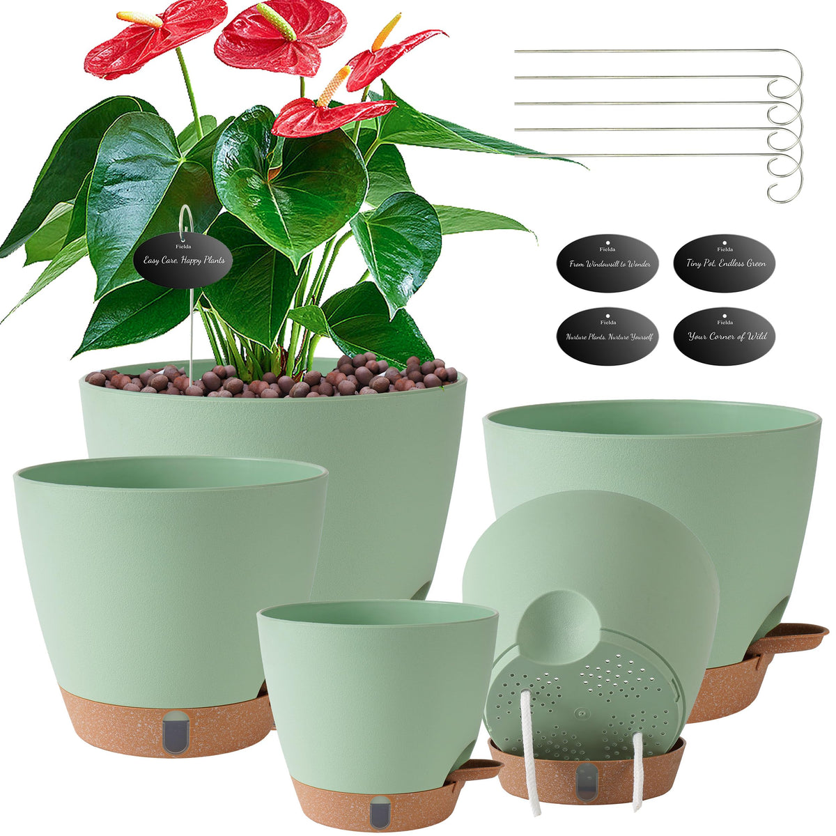 Self Watering Pots for Inoor Ourdoor Plants 8/7/6.5/6/5" Plastic Planters
