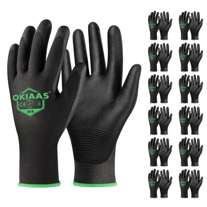 OKIAAS Men's Ultra-Thin and Lightweight Working Gloves with Grip, 12 Pairs, Black, Medium