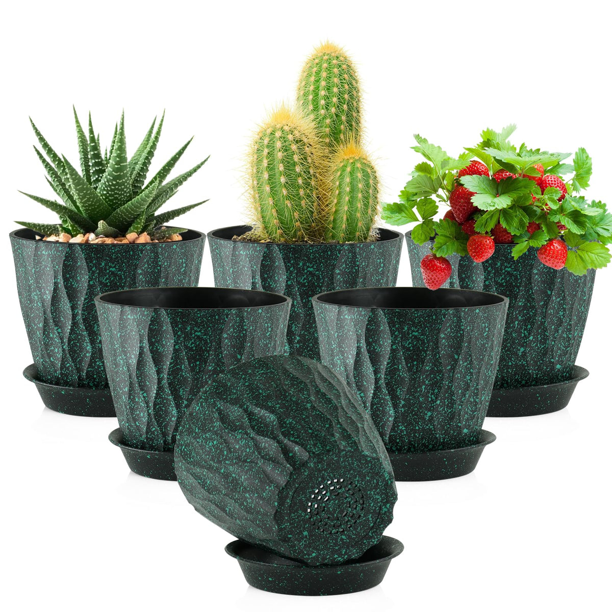 Meowell 7/6.5/6/5.5/5/4.5/4 inch Plant Pots for Indoor Outdoor Plants, 7 Pack Thick Flower Pots with Drainage Holes and Saucers, Modern Wave Texture Small Plastic Planters Nursery Pots, Multicolor