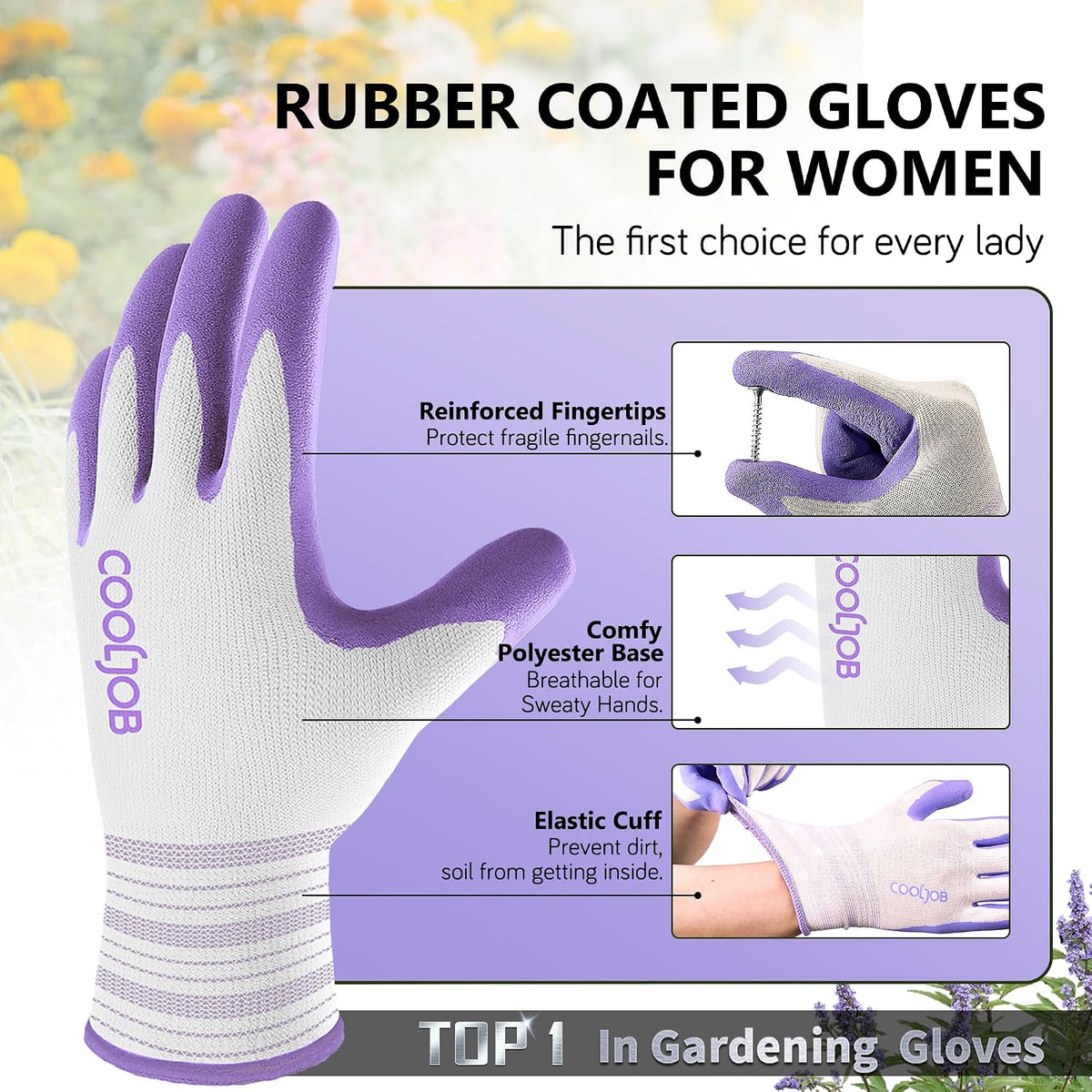COOLJOB 2 Pairs Gardening Gloves for Women Ladies, Breathable Rubber Coated for Yard Garden, Outdoor Indoor Protective Work, Medium Size, Lavender Purple & Apple Green