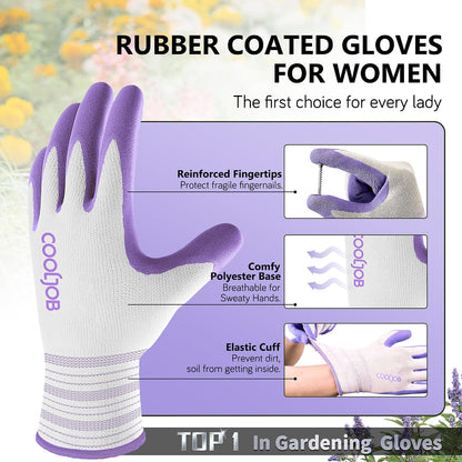 COOLJOB 6 Pairs Gardening Gloves for Women, Breathable Rubber Coated, M