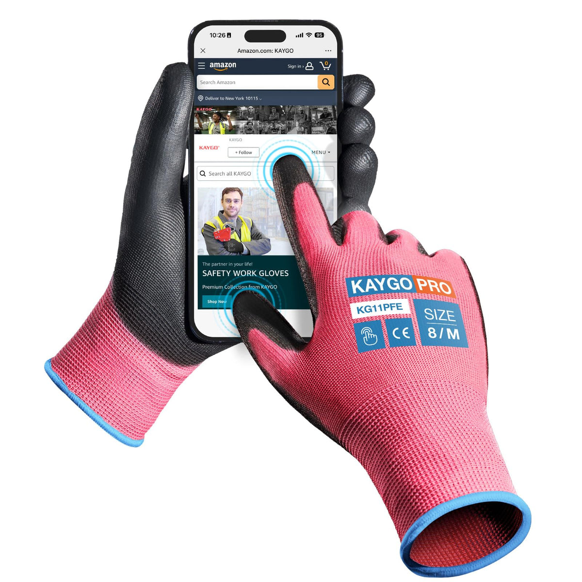 KAYGO Safety Work Gloves for Men Women, PU Coated Palm & Fingers, KG11P